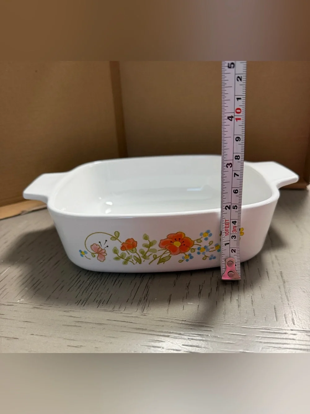 Corningware White Casserole Dish with Orange, Yellow and Green Floral Pattern